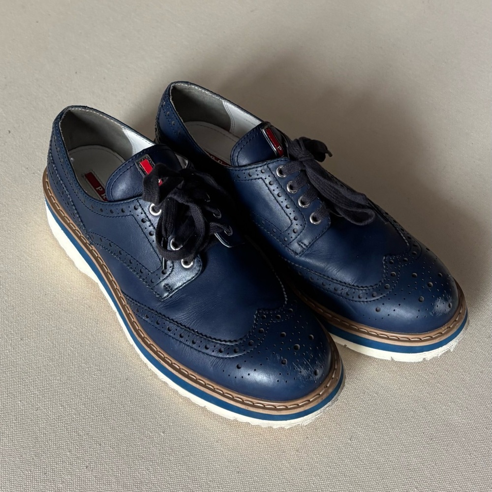 Prada Navy Blue Leather Wingtip Brogue Platform Sneakers 3E5400 Sz: 39.5 - Picture 3 of 11